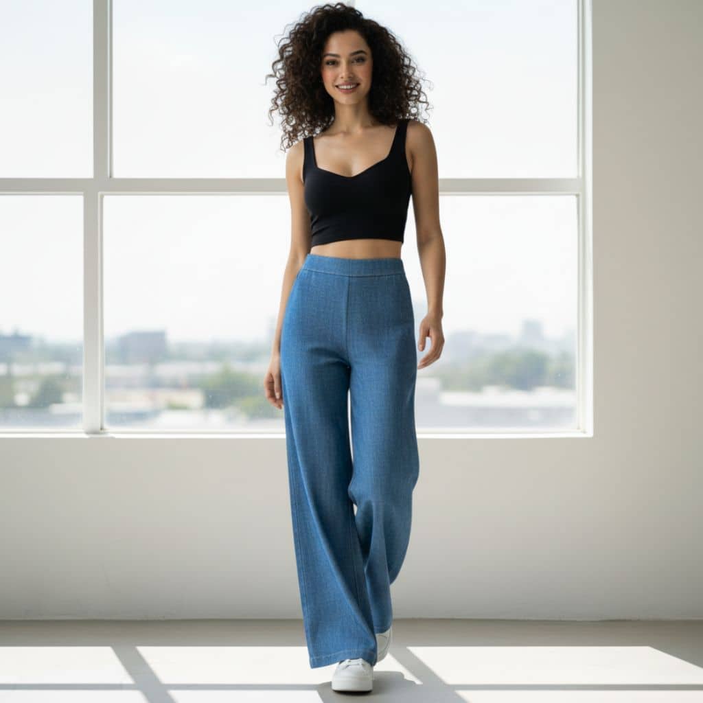 THICK in Blue Denim High Waist Wide Leg Trousers