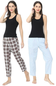 The Blooming Blue Stripes & Checked Women PJ Pant ( Pack of 2 )