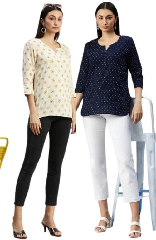 The Creamy Spoonflower Floral & Blue Polka Dot Printed Women Top ( Pack of 2 )