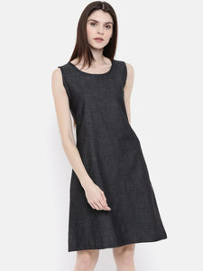 The Navy Solid A-Line WFH Chambray Dress