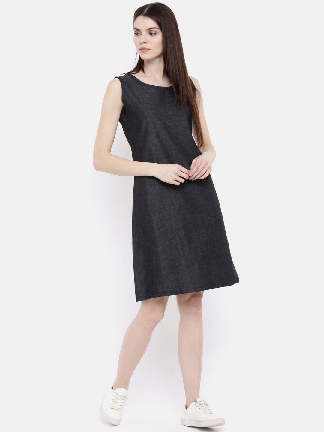 The Navy Solid A-Line WFH Chambray Dress