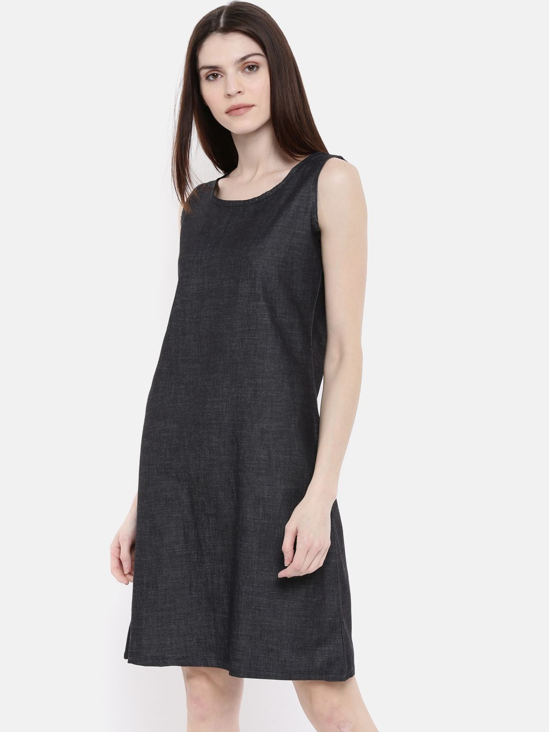 The Navy Solid A-Line WFH Chambray Dress