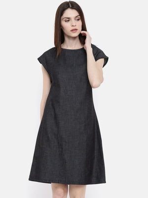 The Navy Solid A-Line WFH Chambray Dress