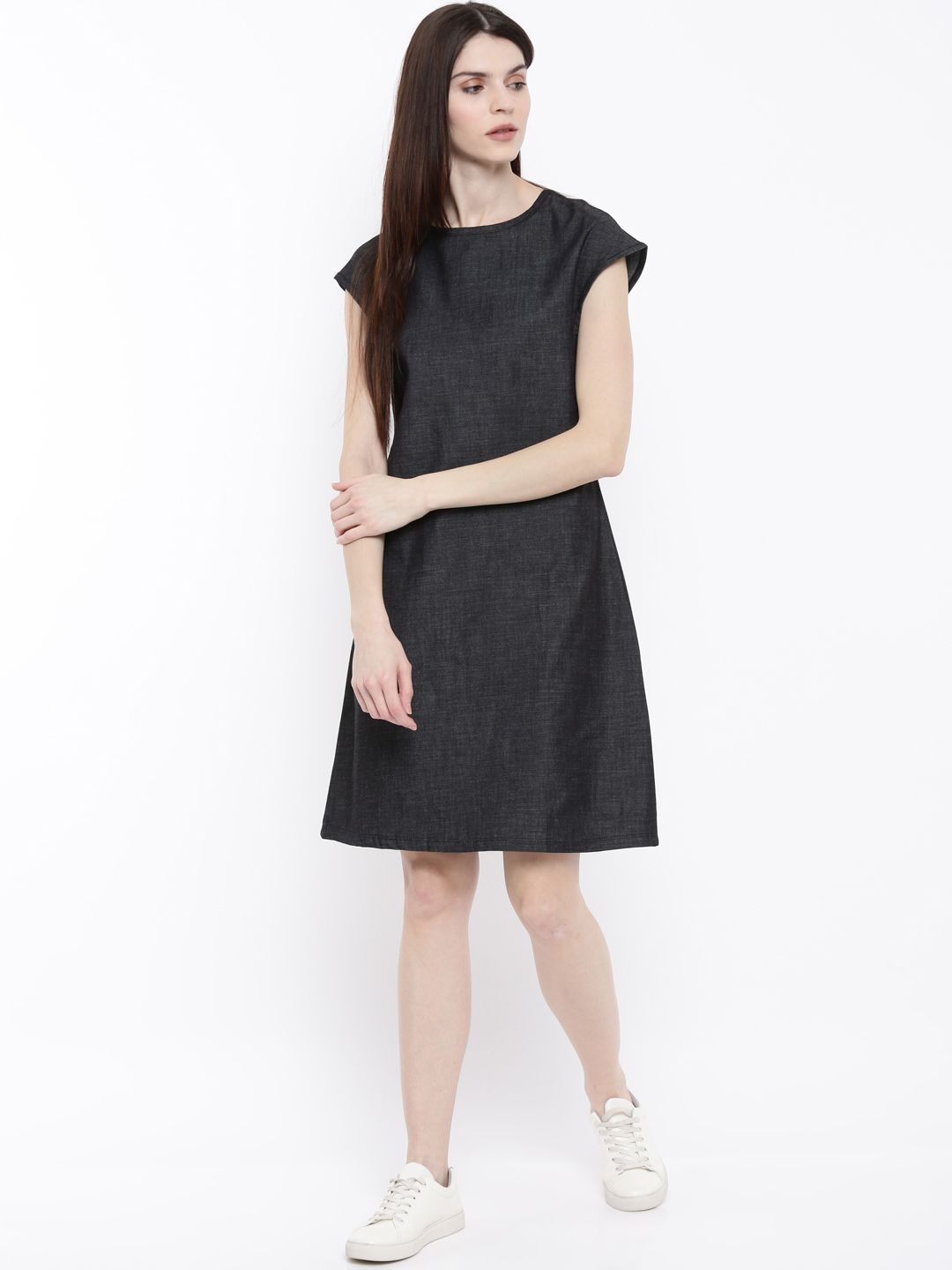 The Navy Solid A-Line WFH Chambray Dress