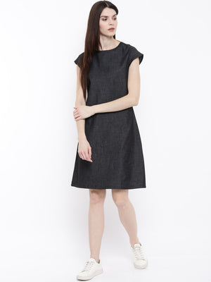 The Navy Solid A-Line WFH Chambray Dress