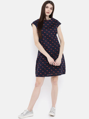 The Navy & Red Printed WFH A-Line Dress